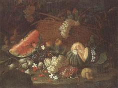 unknow artist Still life of a watermelon,red and white grapes,figs,cherries,mushrooms,a melon,and a basket with vine-leaves,upon a ledge Sweden oil painting art